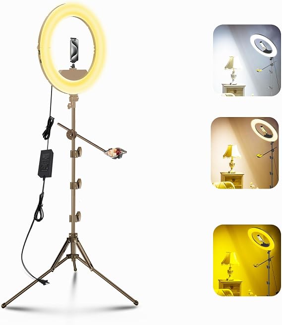 18 in Ring Light with Stand, Professional Ring Light Novice Set, Dual Phone Holder for Makeup Lash Tattoo Selfie Video Shooting