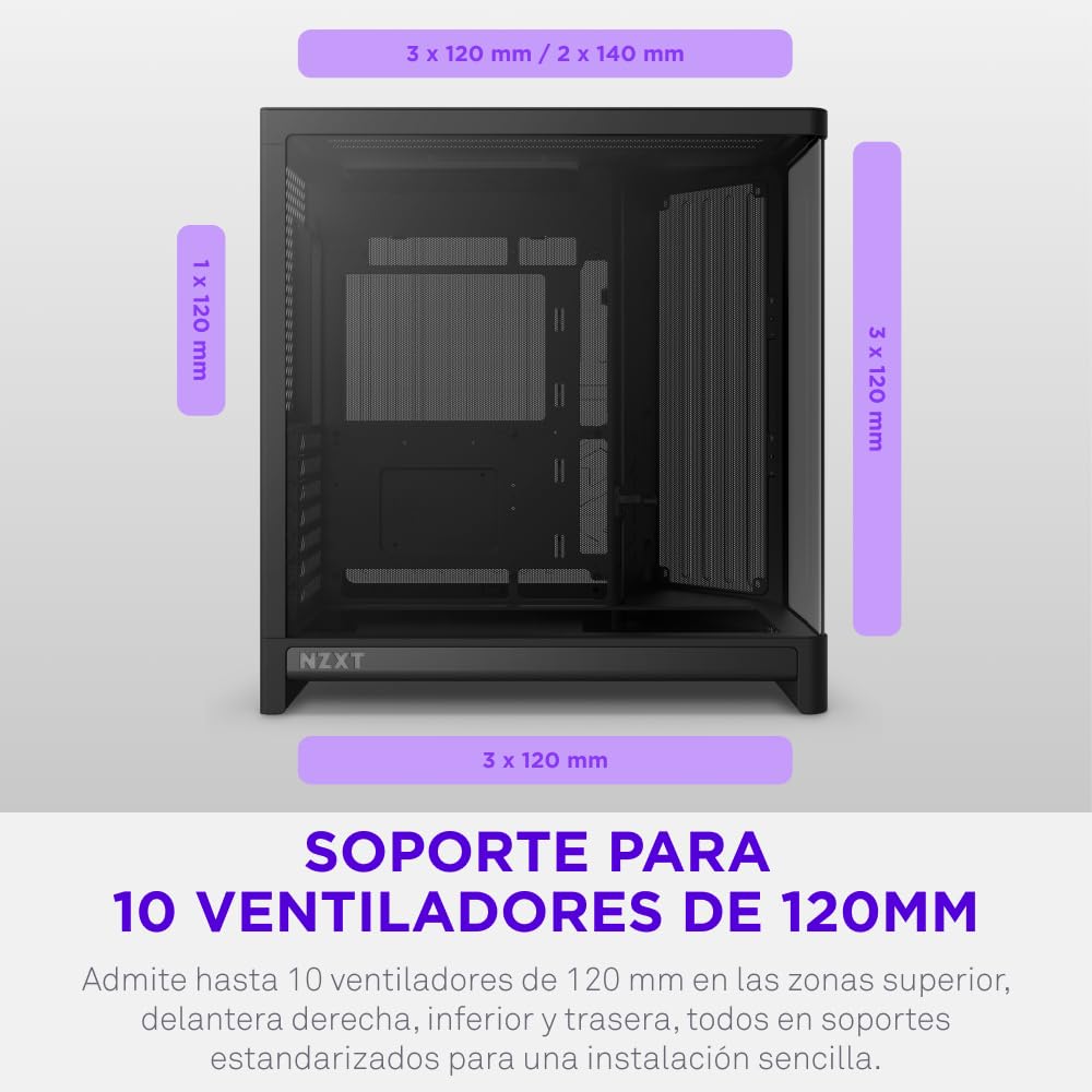 NZXT H6 - Caja PC ATX Compacta Doble Cámara - Negro | Caja ATX de doble cámara compatible con hasta 10 ventiladores de 120mm y radiadores de 360mm, y placa base back-connect.