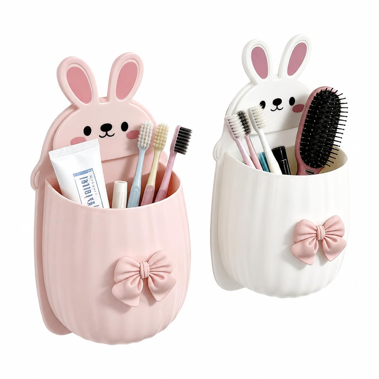 Cute Rabbit Wall Mounted Toothbrush Holder | Self-Adhesive Bathroom Organizer for Toothbrush Toothpaste Comb & Cosmetics | Cartoon Bunny Storage Pocket for Kids Bathroom Accessories (Pack of 2)-image-13