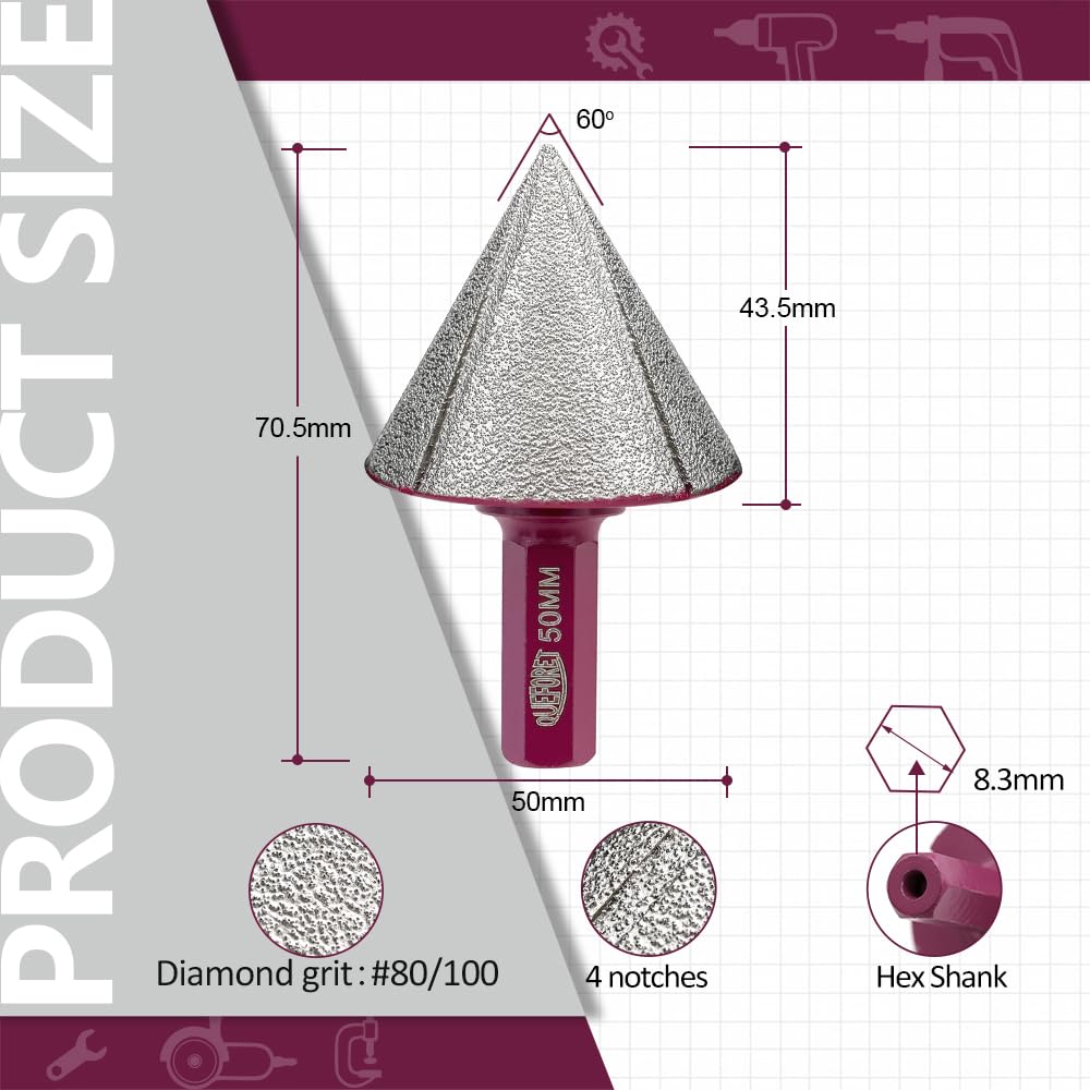 Mèches de Chanfrein Diamant 50mm - Fraise pour Meuler Arrondir Tailler les Trous dans le Carrelage Céramique Porcelaine Marbre Granit, Tige Hexagonale