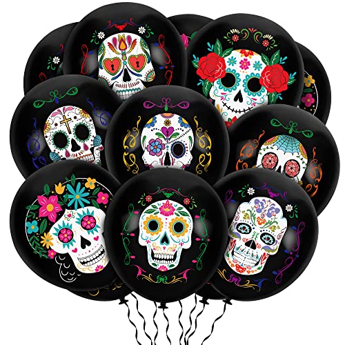Durony 72 Pieces Day Of The Dead Balloons 12 Inch Sugar Skull Balloons Black Latex Dia De Los Muertos Balloons Halloween Skeleton Balloons For Halloween Day Of The Dead Party Supplies, 8 Designs #TOP28