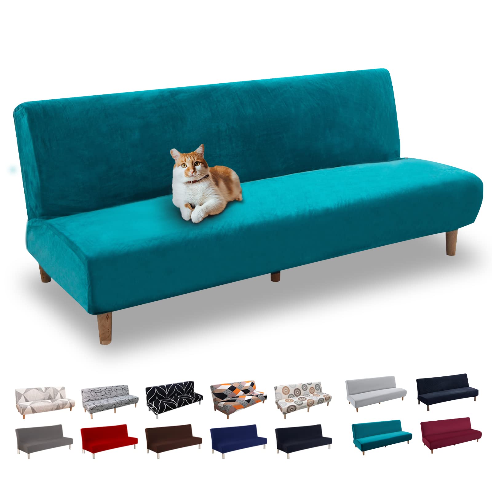 Lydevo Copridivano 3 Posti Senza Braccioli Elasticizzato Universale, Copridivano Letto Pieghevole Clic Clac Lavabile Rimovibile Estraibile, Fodera per Divano Futon per Soggiorno Casa,Samt Verde