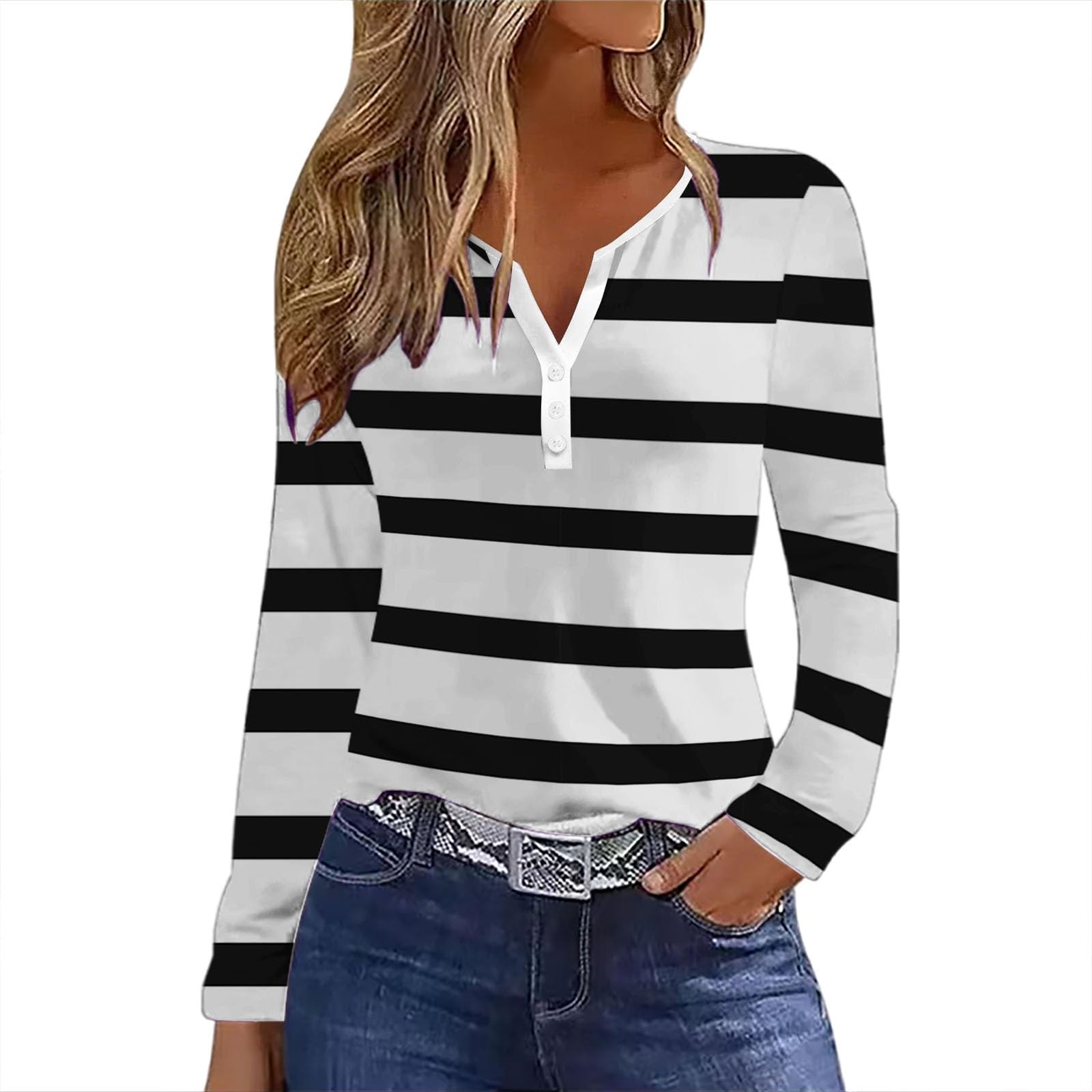 KonJimWomens Henley Tops 2024 Fall Long Sleeve V Neck Button Up Striped Tunic Tops Ladies Casual Loose Fit Pullover Comfy Soft Tops Going Out Blouses