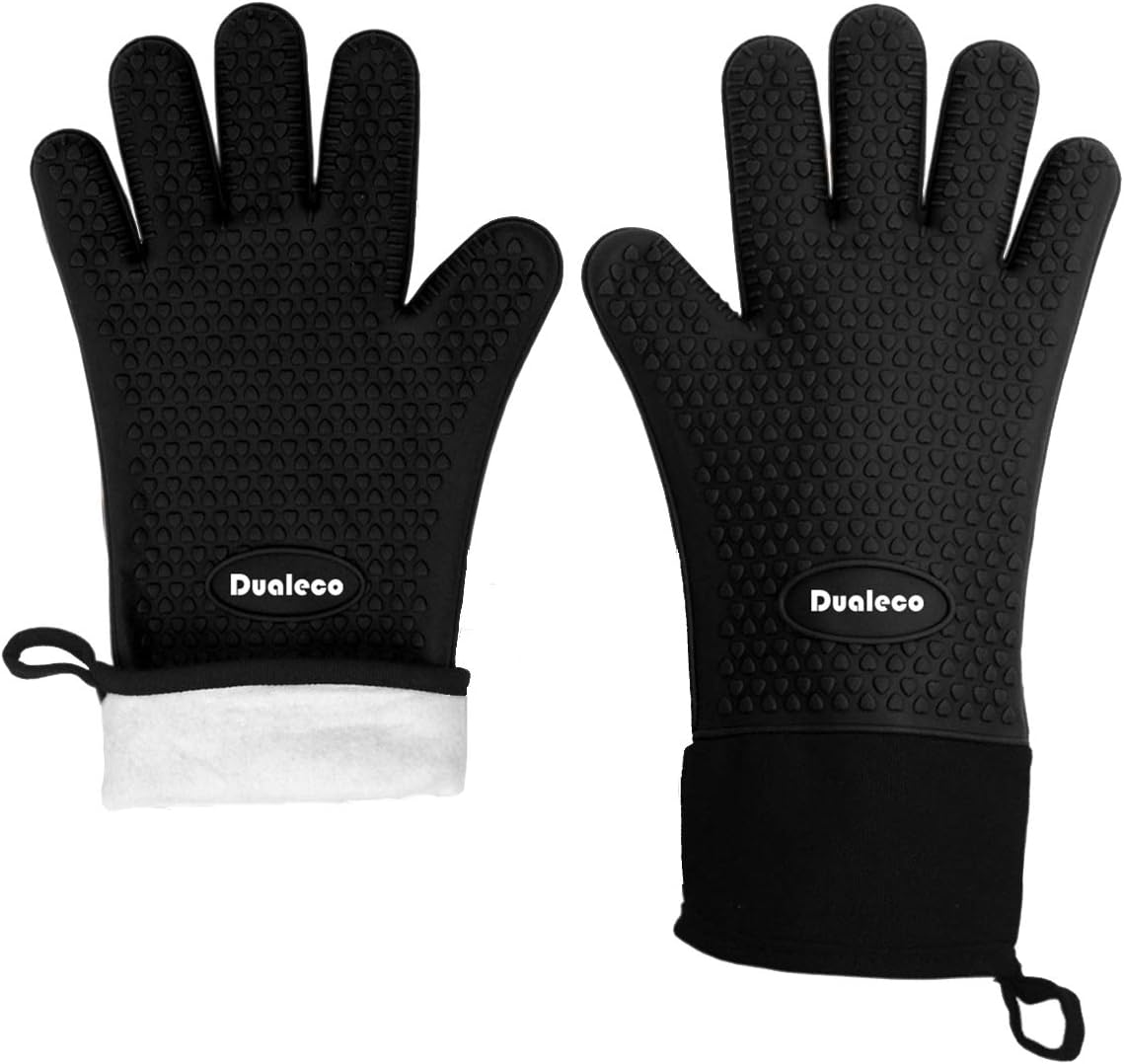 Dualeco Silicone Oven Gloves - Heat Resistant Grill BBQ Gloves with Fingers Waterproof Non Slip Oven Mitts Kitchen Cooking Gloves for Baking, Grilling, Barbeque, Black