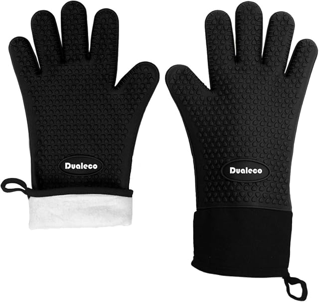 Dualeco Silicone Oven Gloves - Heat Resistant Grill BBQ Gloves with Fingers Waterproof Non Slip Oven Mitts Kitchen Cooking Gloves for Baking, Grilling, Barbeque, Black