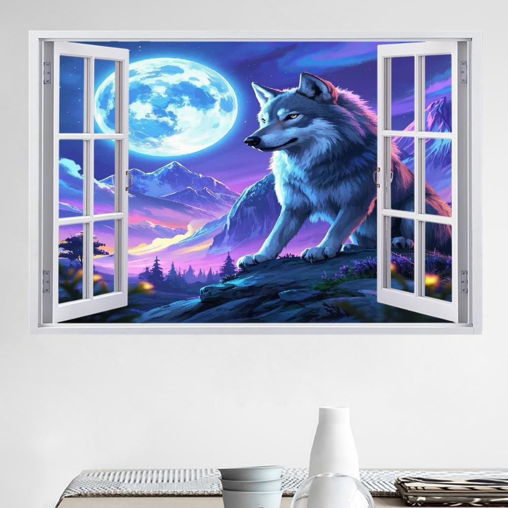 Wandtattoo Aufkleber Wandbild Wolfsmond Mauerloch 3D Durchbruch Effekt Wandsticker Nachtlandschaft Wandaufkleber Wanddeko fürs Wohnung Wohnzimmer Schlafzimmer Bad Kinderzimmer Tapeten Deko