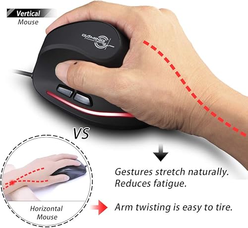 Miniatura 3 de zelotes - Mouse vertical ergonómico, 3200 DPI LED óptico USB con cable, 6 botones para laptop, escritorio, PC, MacBook, negro
