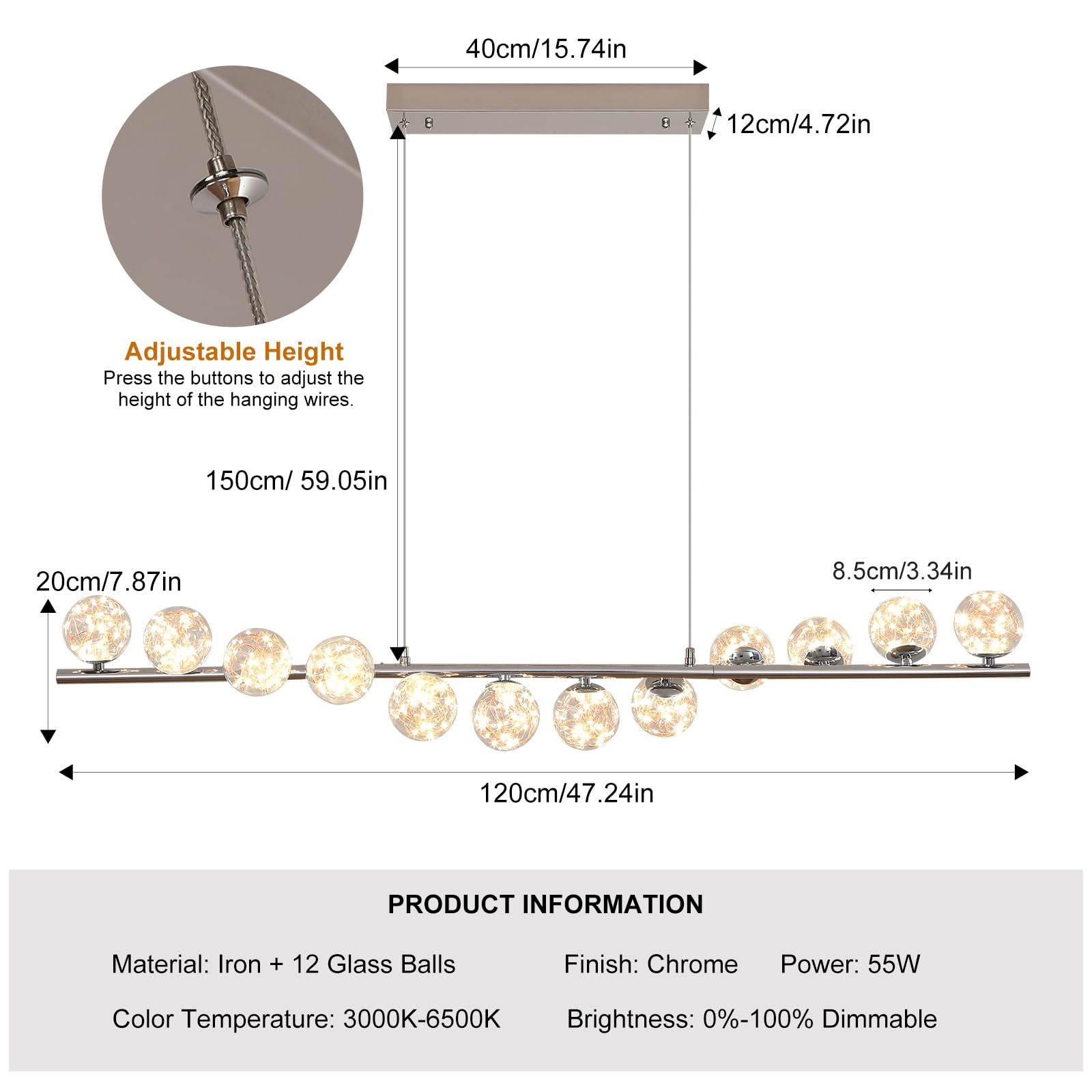 GEADI Lustre Moderne, 50W LED Lampe Suspendue Cuisine, 120cm Suspension Luminaire Réglable, 12 Lustres Boule de Verre, Pour Salle à Manger, Salon, Repos
