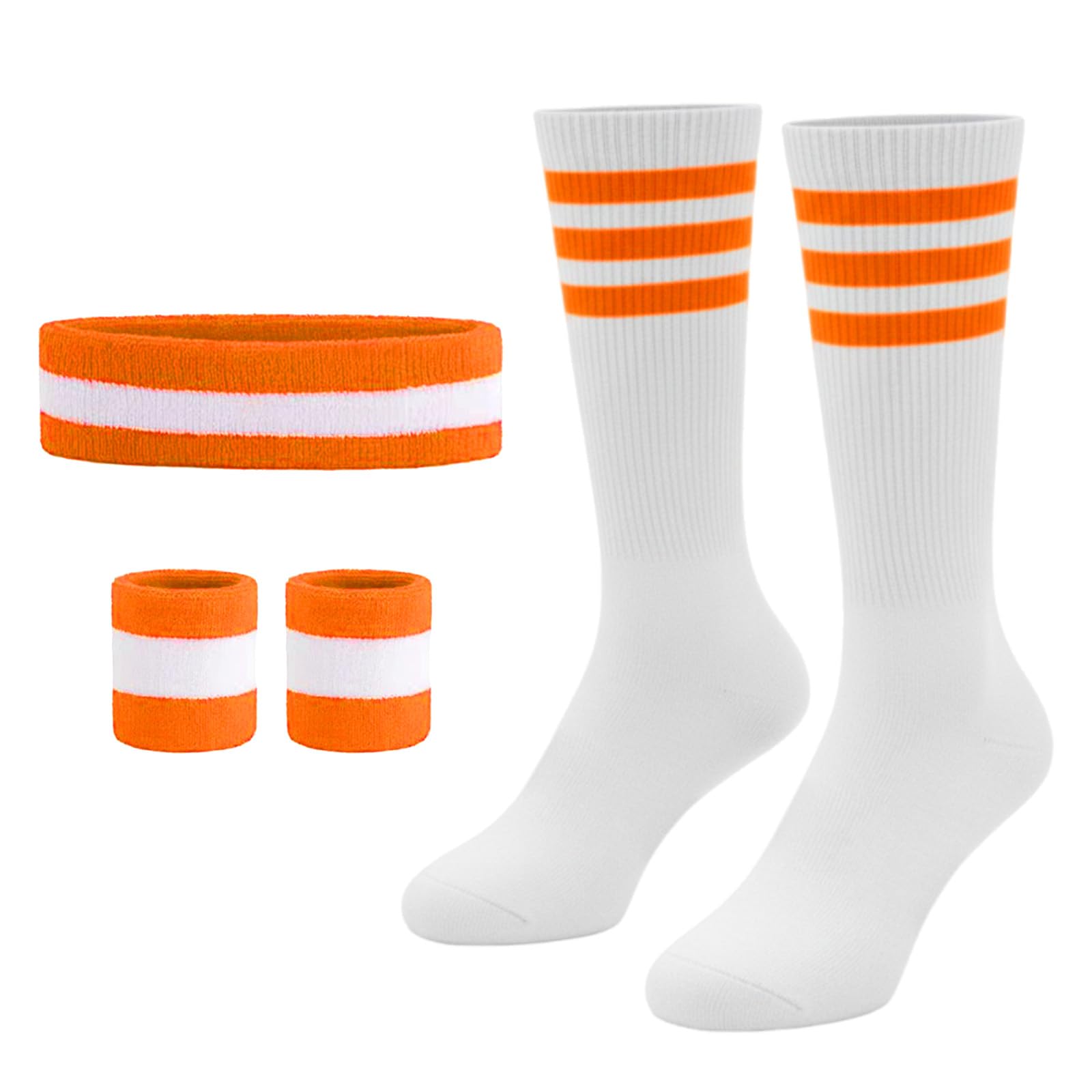 Lufdegim Sweatband and Socks Set, 80s 90s Sweatband Striped Headband, Bracelet, Striped High Socks for Women Men Sports Running Cycling Carnival Costumes Party, Orange/White/Orange, Socken 28cm