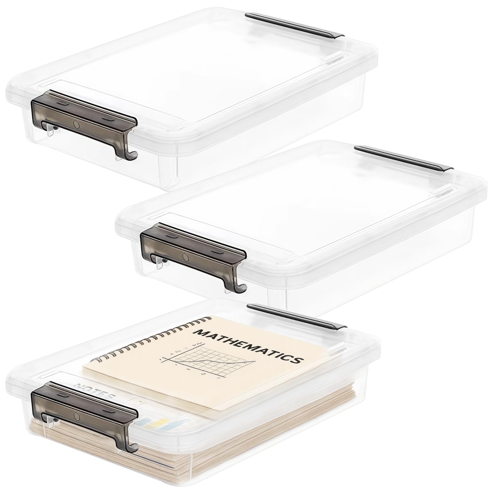 Transparente Kunststoff-Aktenbox mit Deckel, flach, stapelbar, Aufbewahrungsbehälter für Dokumente, sichere Verriegelungen, vielseitige Organizer für A4-Papiere, unverzichtbar für Heimbüro, 3