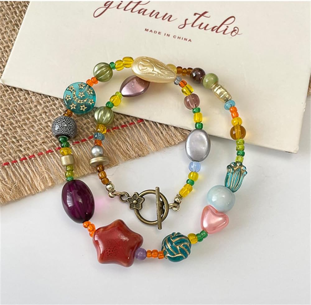 OT Toggle Clasp Ceramic Star Pendant Beaded Necklace For Women Bohemia Handmade Colorful Round Bead Choker Adjustable Clavicle Chains Simple Trendy Christmas Holiday Party Y2K Jewelry Gifts For Her - Image 4