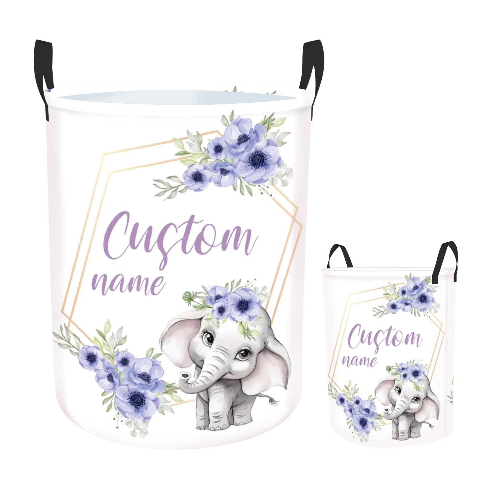 Rucekia Custom Elephant Laundry Basket for Kids, Personalized Name Baby Dirty Clothes Basket with Name and Handles, Customize Laundry Hamper, Personalized Laundry Basket for Nursery Girl