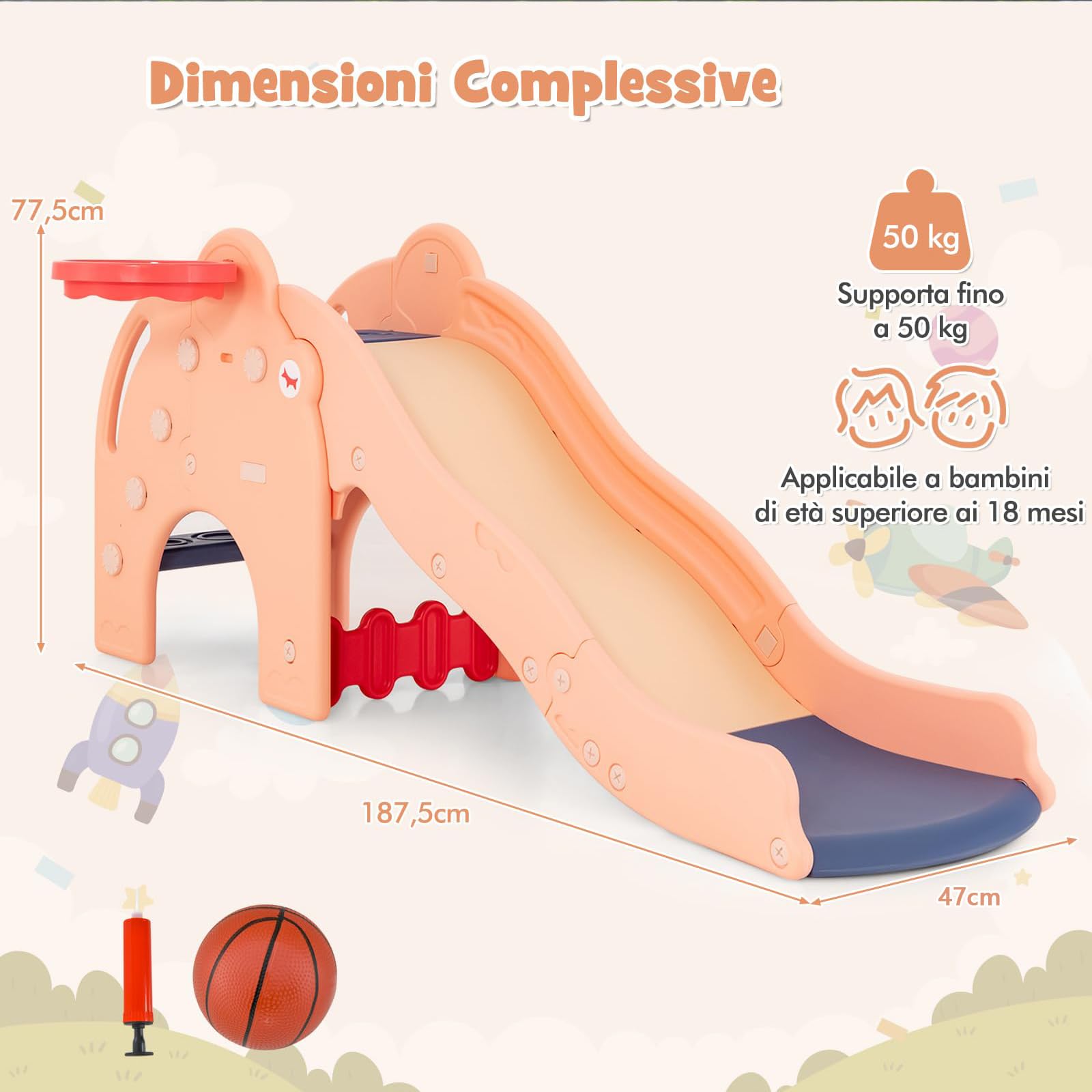 RELAX4LIFE 4 in 1 Scivolo per Bambini, Centro Attività con Scaletta da Arrampicata e Cestino da Basket, Uso Interno o Esterno, Parco Giochi Multifunzionale per Bambini 1-4 Anni (MODELLO 3-ROSA)