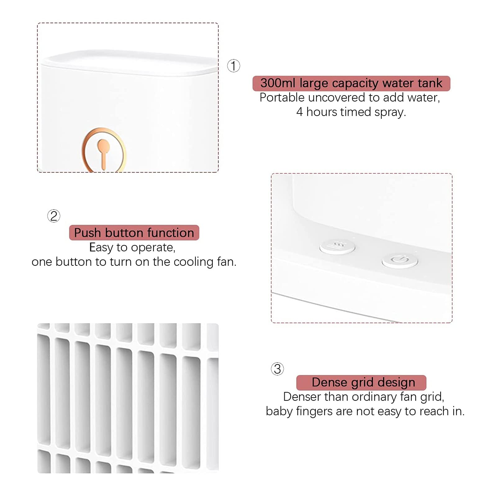 Mini Ventilatore per Aria condizionata, Ventilatore a Torre, Ventilatore Portatile USB Ricaricabile, con Serbatoio dell'Acqua di Grande capacità da 300 ml, Tre Marce di Sensazione di Vento