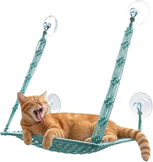 Window Hammock Cat Bed - Hand-Woven Wooden Macrame Perch | Foldable Suction Cup Anti-Scratch Swing Suitable For Indoor Windowsills, Glass, Balconies, Kittens, And Cats