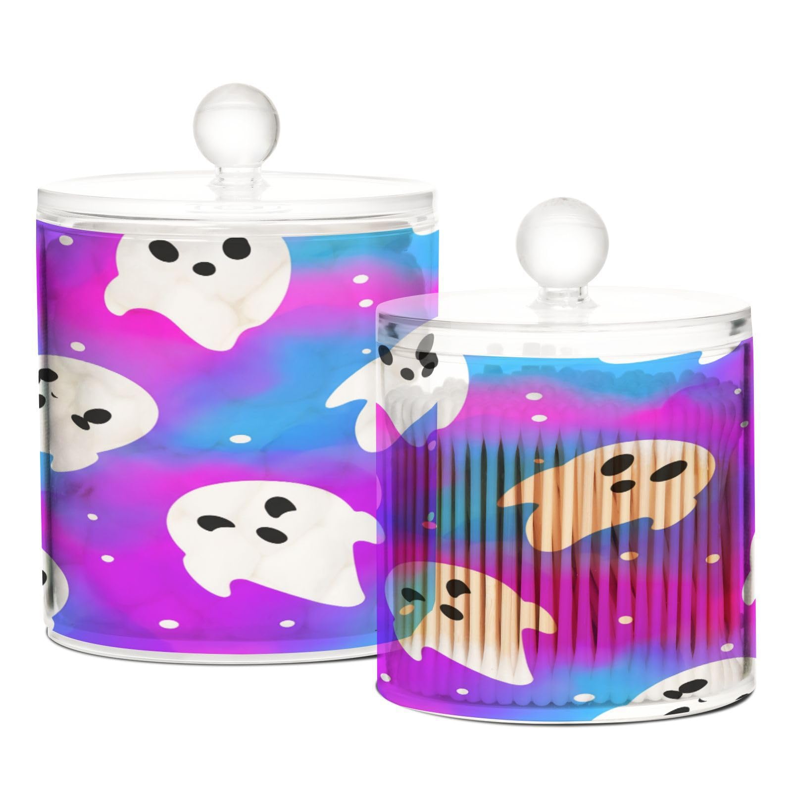 BOESI Bathroom Organizer Set of 2, Cotton Swab Caddy with Lid Dispenser, Cute Cartoon Ghost