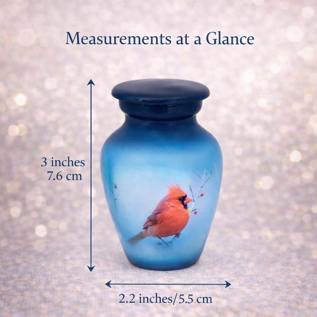 Piccola urna funeraria commemorativa con custodia in velluto | Grazioso mini contenitore in metallo per le ceneri umane o degli animali domestici. (Cardinal, Keepsake)