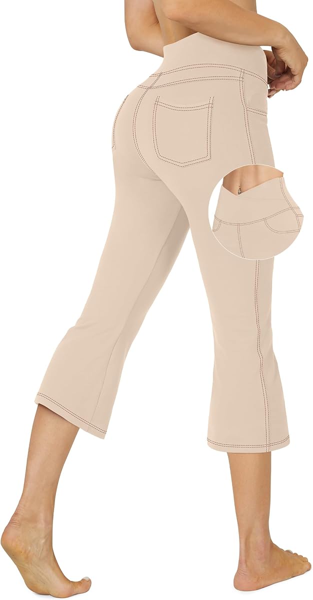 G4Free Bootcut Capri Yoga Pants with 4 Pockets for Women Summer Tummy Control High Waist Capris
