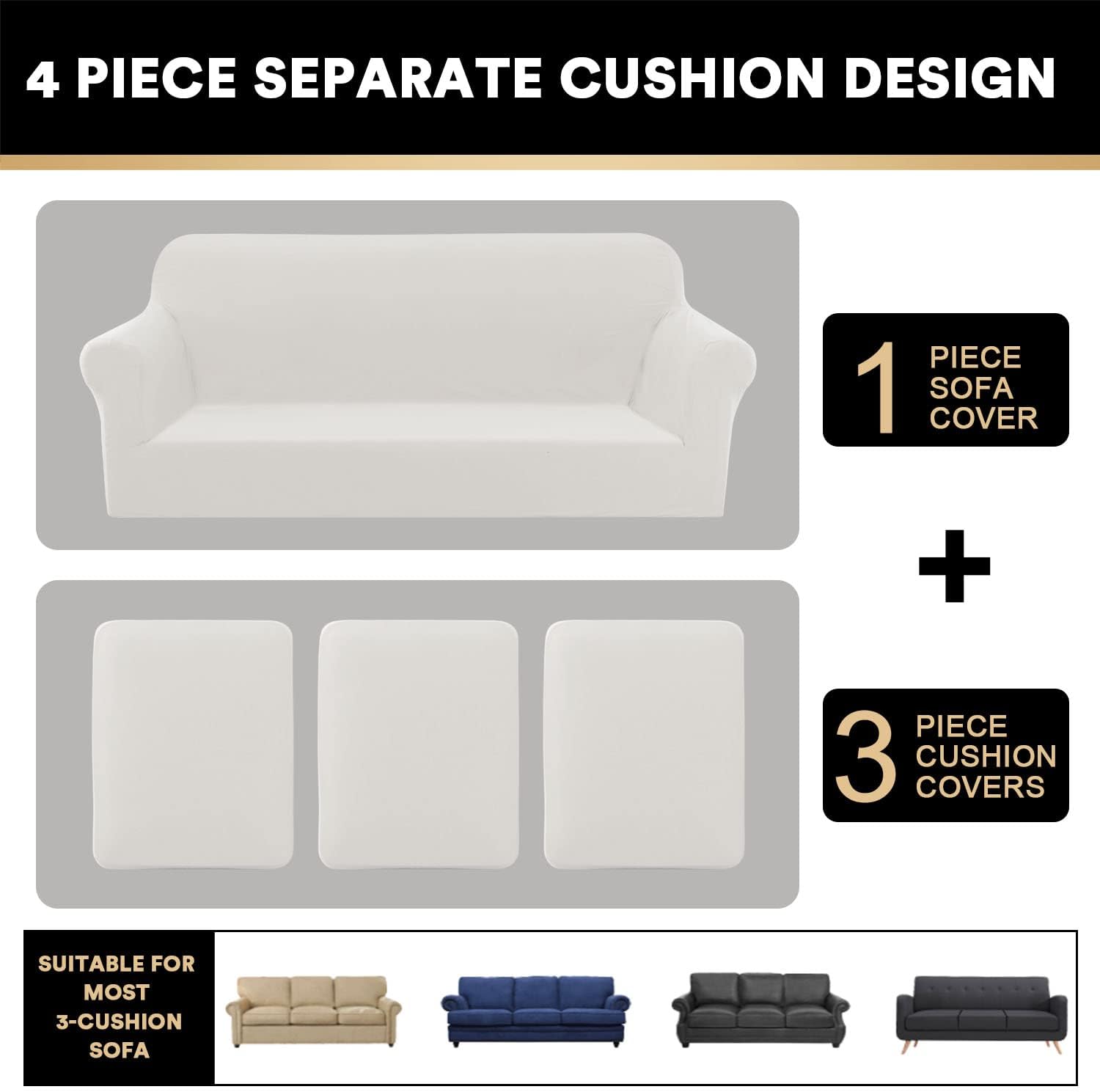 PrinceDeco Super Stretch 4 Pieces Sofa Cover, Couch Covers for 3 Cushion Couch Sofa Slipcovers for Sofas with 3 Cushions Feature Soft and Thick Plush Fabric, Ivory, Large