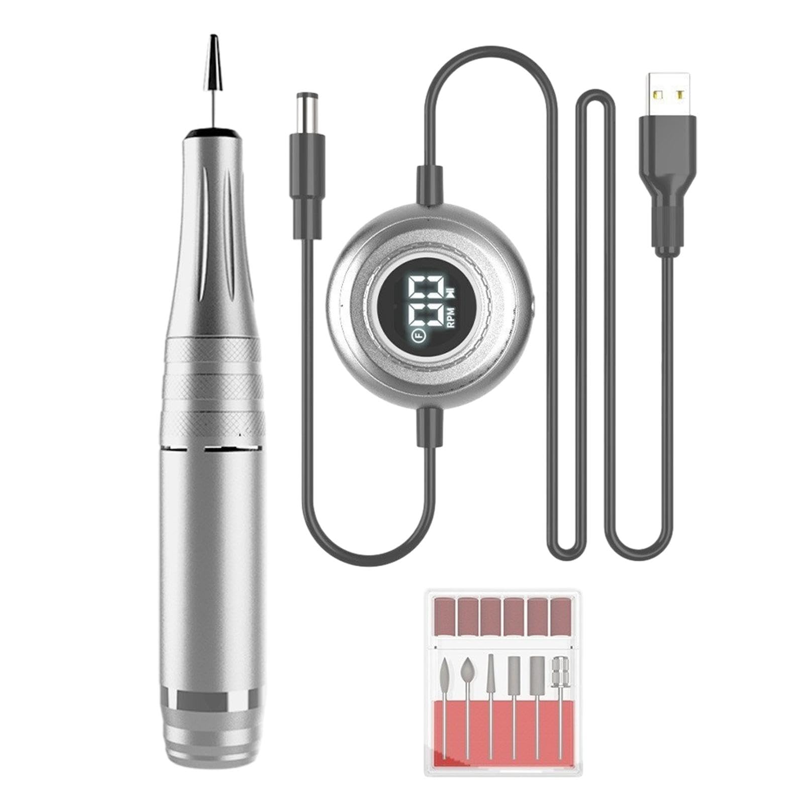 Lima de Uñas Eléctrica Máquina Pulidora Portátil Recargable con Pantalla Controlador USB Conjunto de 6 Brocas 6 Bandas Lijadoras Adecuada, Plata