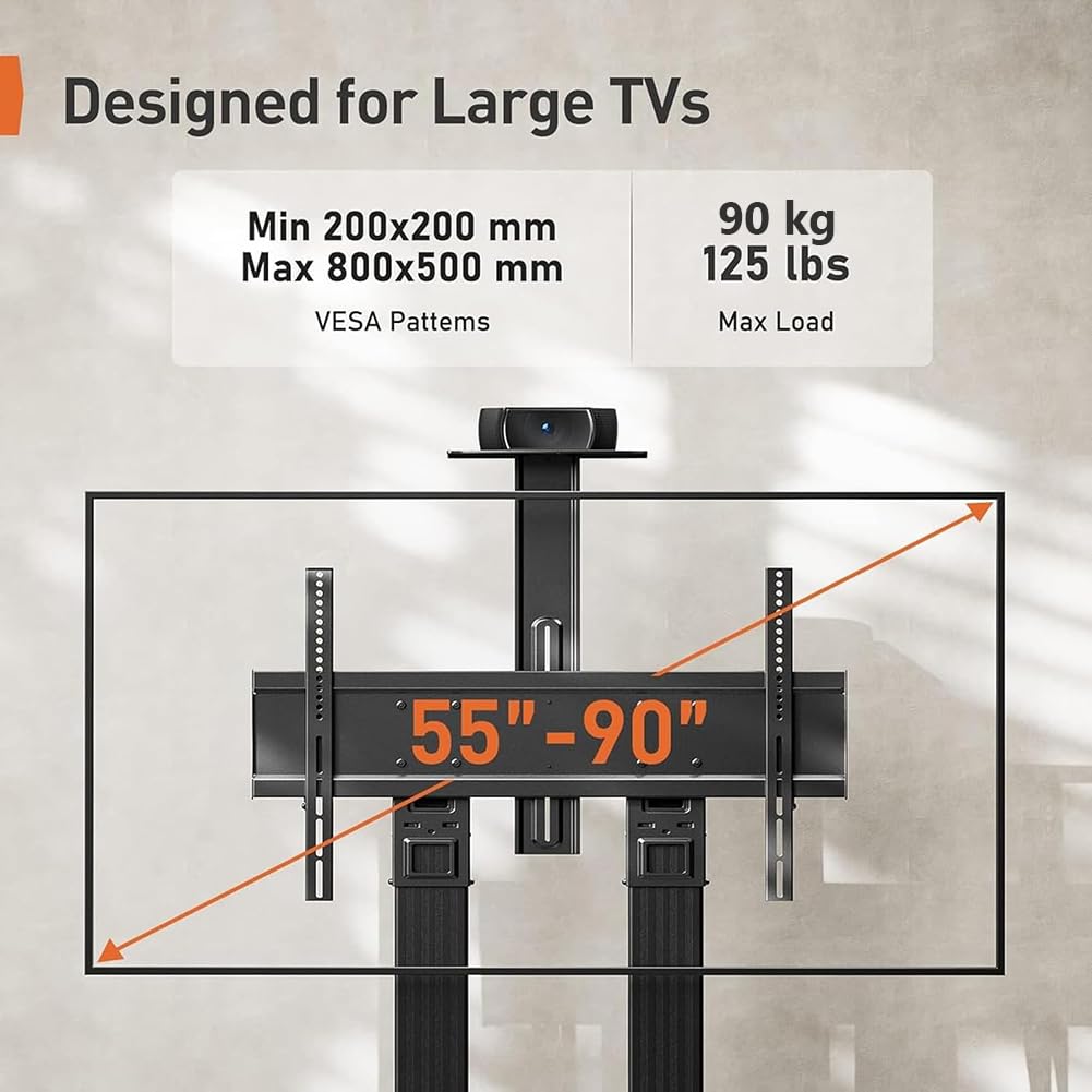Supporto TV su ruote per TV da 55 a 90 pollici, carrello TV mobile per ufficio, carrello TV universale per TV a schermo piatto LED/LCD/OLED, supporto TV da pavimento regolabile in altezza fino a 90 k