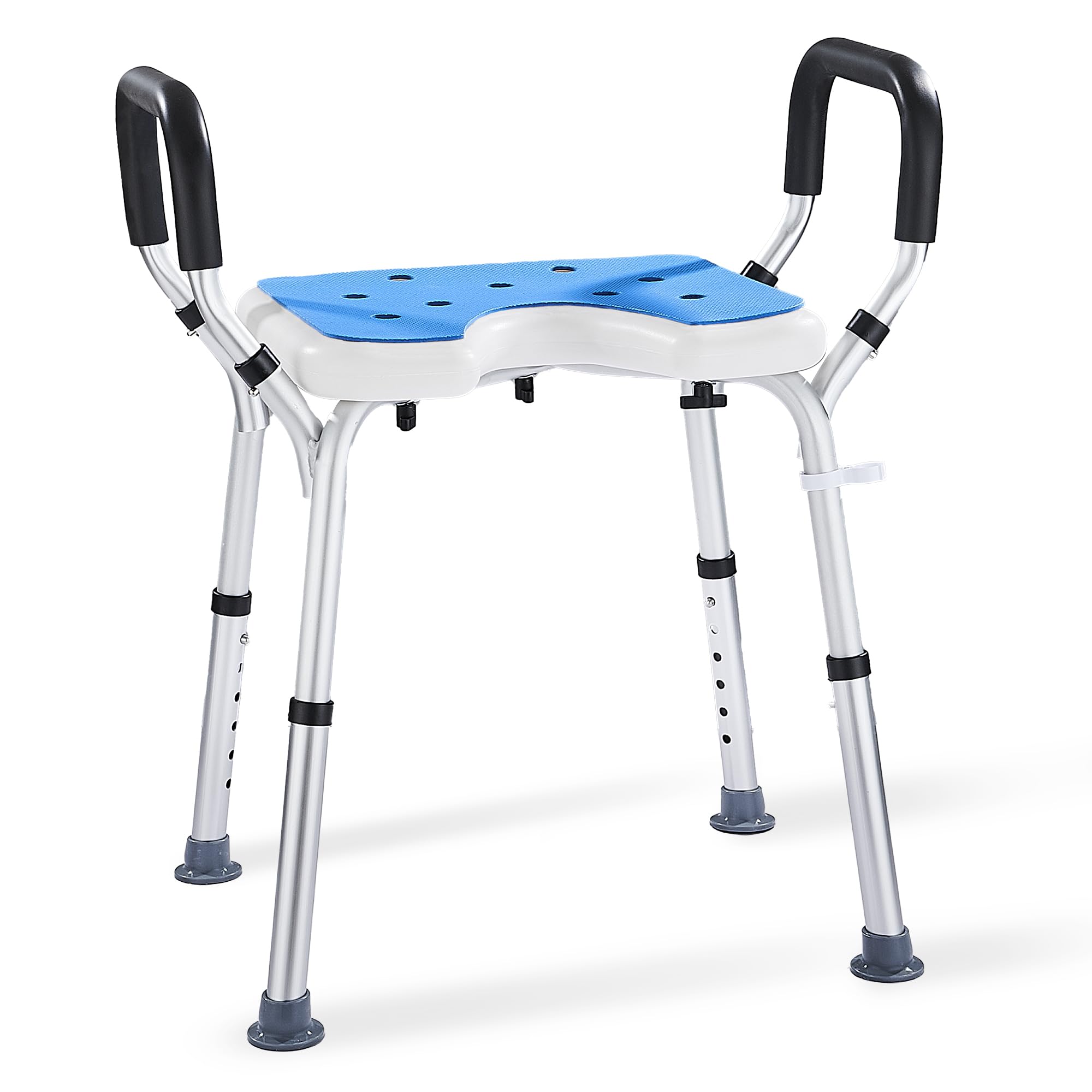 Sedia per Doccia con Braccioli Altezza Regolabile 39-52.5 cm, Sgabello Doccia Forma a U Antiscivolo per Anziani Disabili Sedile Sgabello da Bagno in Alluminio portata fino a 150 kg