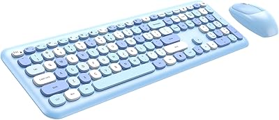 Wireless Keyboard and Mouse Combo, 2.4GHz Full-Sized Colorful Cute Keyboard Mouse Set with Retro Typewriter Flexible Round Keys for Windows, Computer, Laptops, PC (B-Blue Colorful)