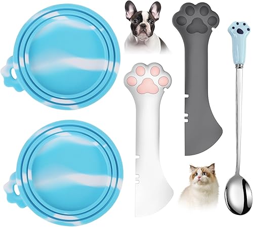 Miniatura 14 de Comtim Juego de 5 tapas y cucharas para latas de comida para mascotas, fundas de silicona para perros y gatos con abridor de espátula multifunción
