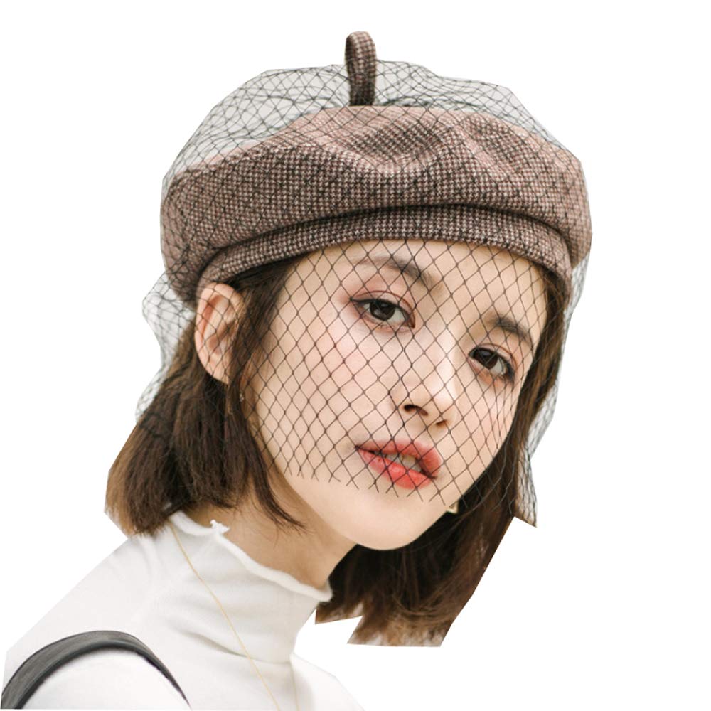 YEKEYI Women's Vintage Beret with Veil Beanie Hat Cap with Netting for Ladies Girls Winter Coffee