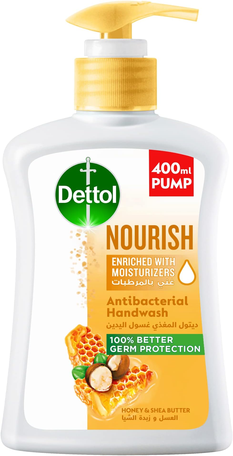 Dettol Handwash Liquid Soap Nourish Pump for Effective Germ Protection & Personal Hygiene, Protects Against 100 Illness Causing Germs, Honey & Shea Butter, 400ml
