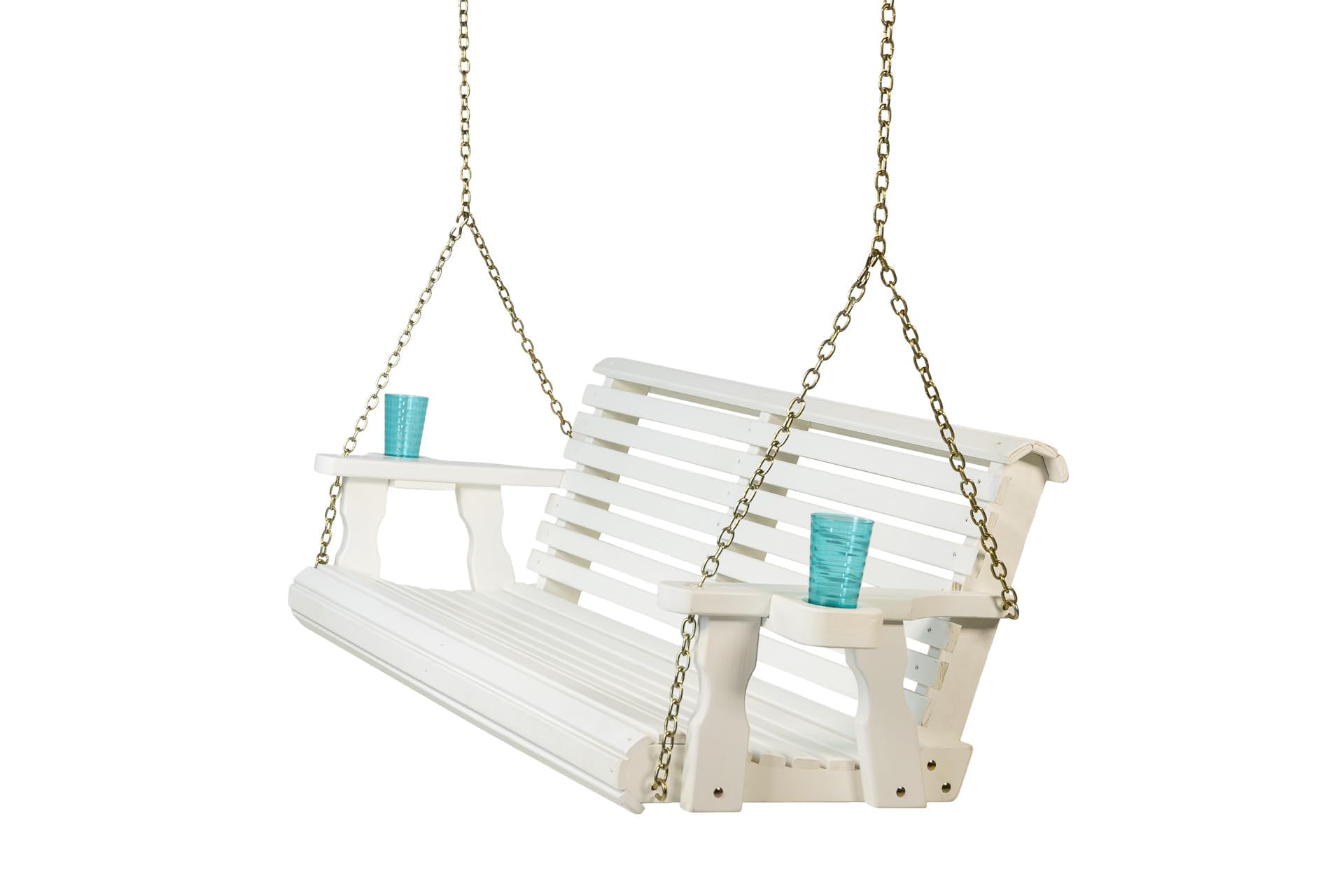 Amish Casual Heavy Duty 700 Lb Capacity Porch Swing with Cup Holders (5 Foot, Semi-Solid White Stain) – Wooden Outdoor Roll Back Swing with Hanging Chains – Amish Made in the USA