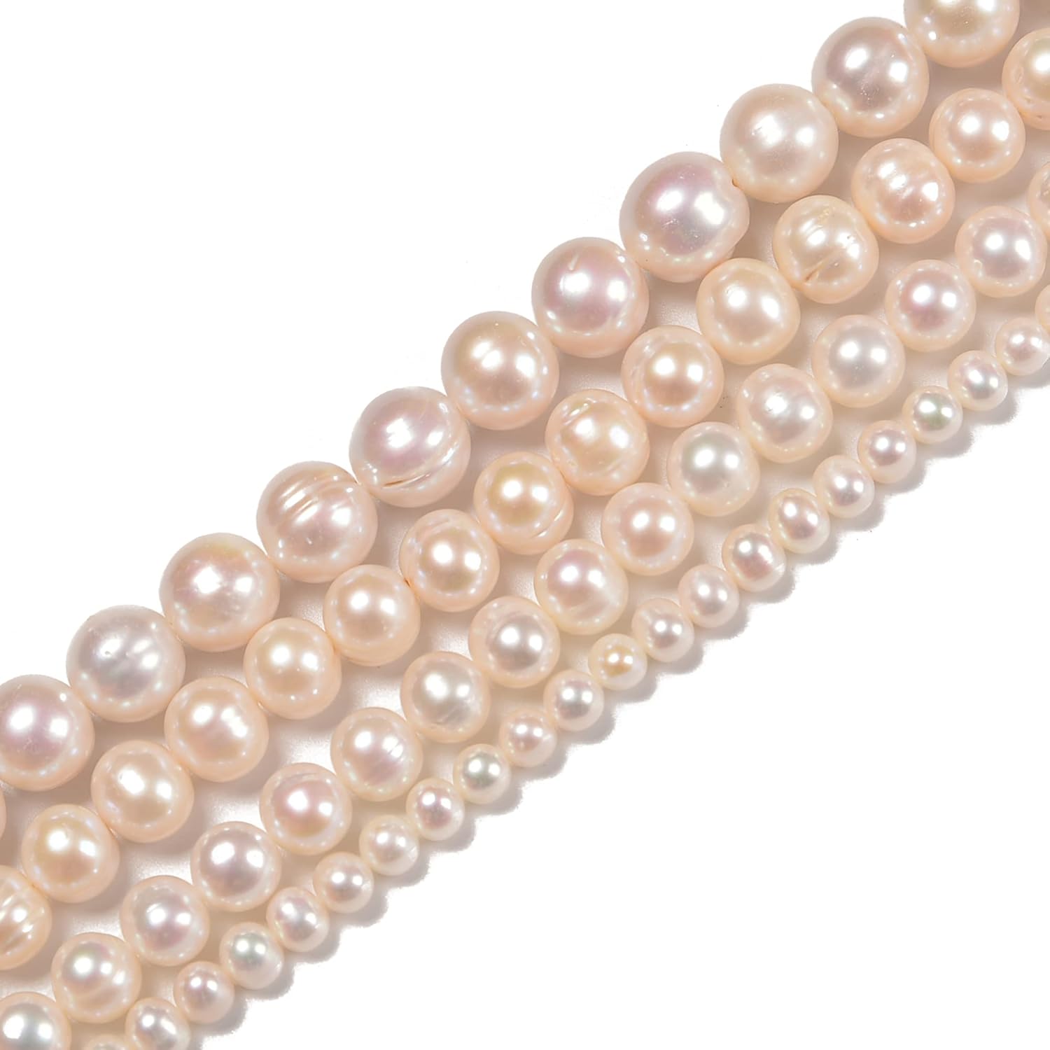 JM Design Fresh Water Pearl White Ringed Potato Round Beads Size 9-10mm 15.5'' Strand for Jewelry Making