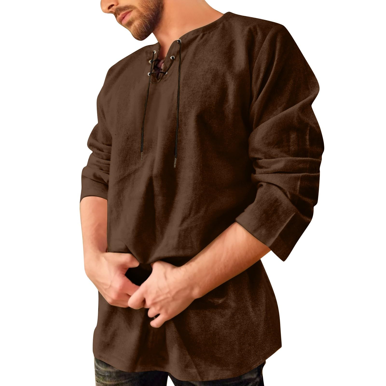 Celanisai Medieval Shirt Men's Tunic Linen Shirt Long Sleeve Retro Viking Shirts with Lacing Men's Casual Shirt Casual Fishing Shirt Viking Clothing Without Collar T-Shirt Plain Tops, O Brown, XXL