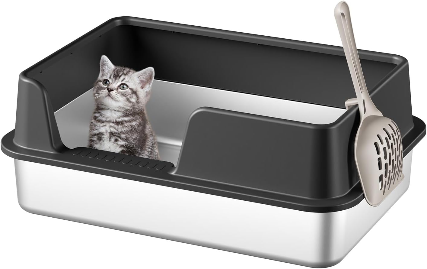 Stainless Steel Cat Litter Box, Metal Kitty Litter Box for Small Cats, Non-Stick Black