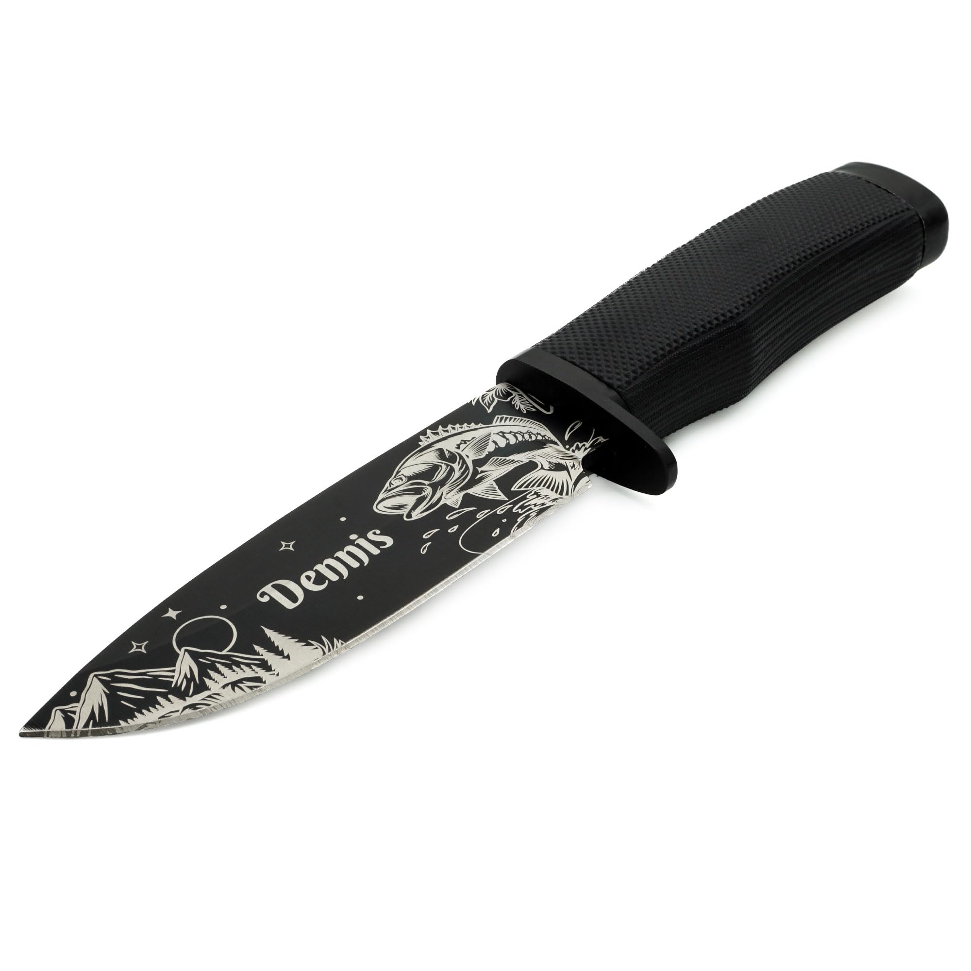 Schwarzes personalisiertes Angelmesser – Geschenk für Angler mit Gravur – Outdoor- und Campingmesser mit Messerscheide (ohne Ständer)