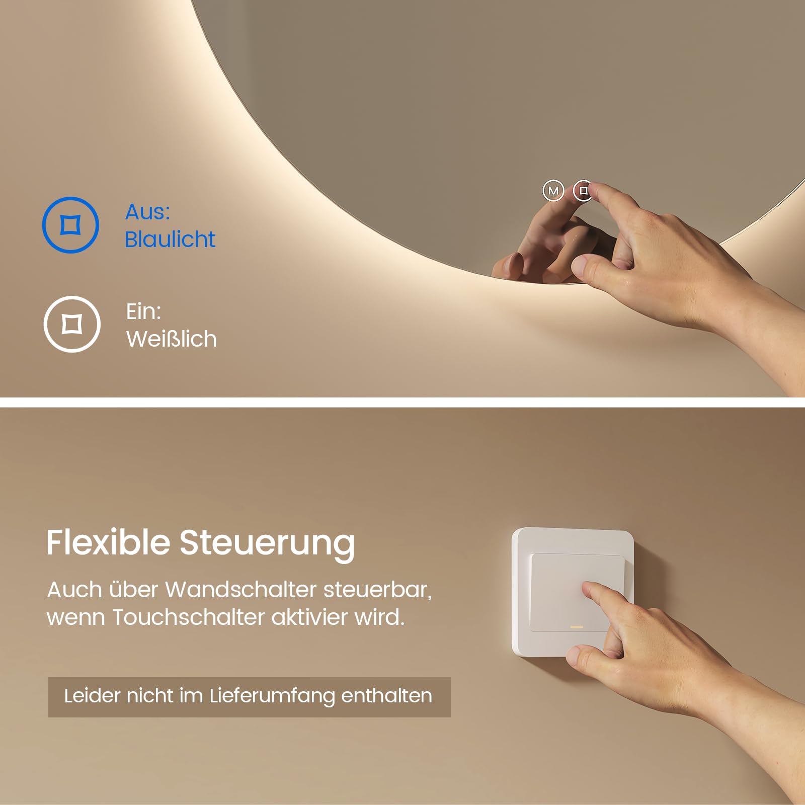 EMKE Runder Badspiegel mit Beleuchtung 60 cm – Spiegel mit 3 Lichtfarben, dimmbar, Touch, Memory-Funktion, energiesparend – Badezimmerspiegel & Wandspiegel