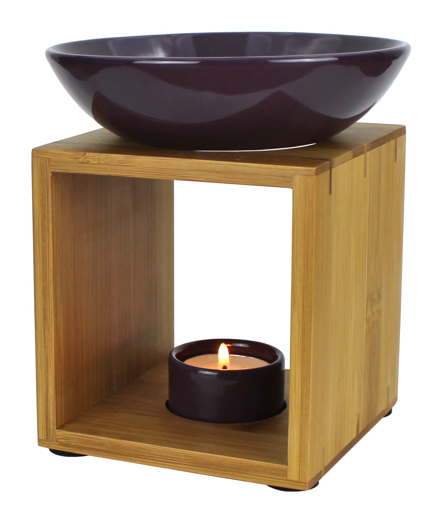 Bitto Duftlampe Malmö Aubergine mit Kerze, große Schale, Fair Trade, Aromalampe aus Bambusholz und Keramik