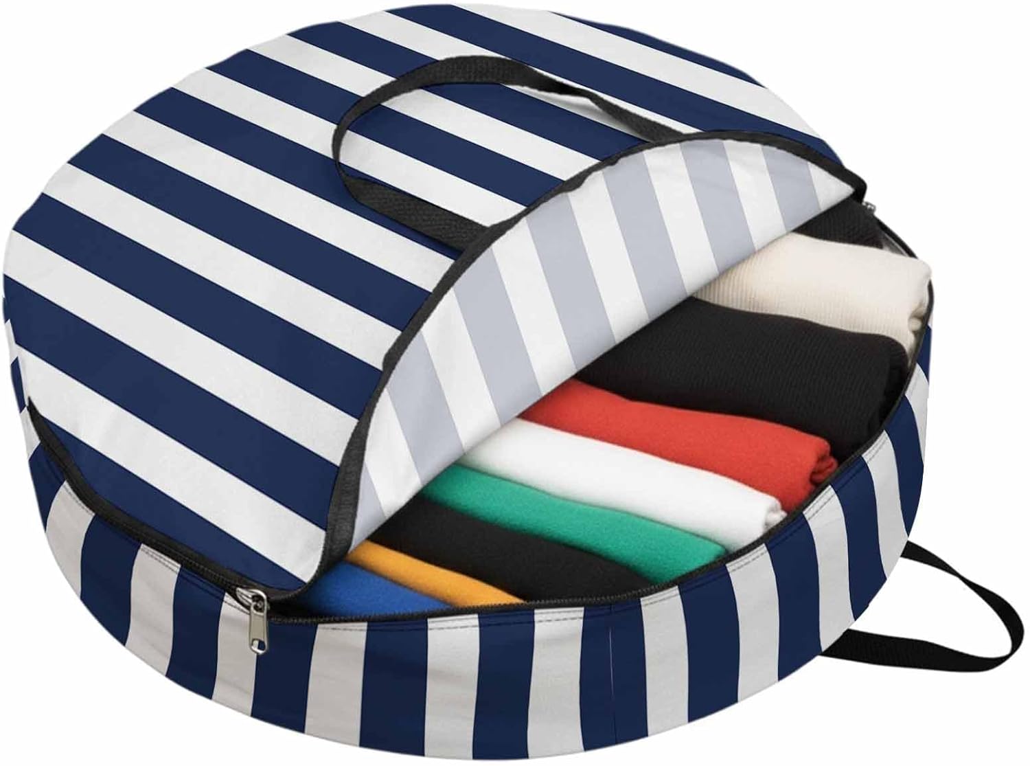 Navy Blue Striped Round Storage Bag 36 Inch, White Striped Geometric Clothes Storage Container with Handles Heavy Duty Organizer for Comforter, Bedding & Holiday Wreaths