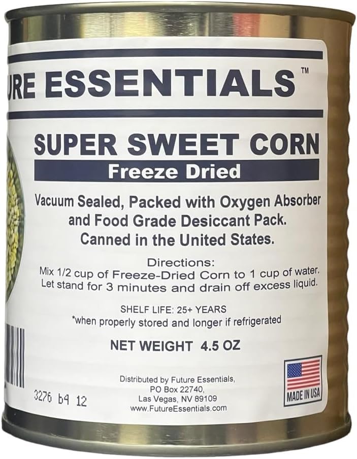 Freeze Dried Supper Sweet Corn, Canned, Net Weight 4.5 oz. Future Essentials. Made in the USA