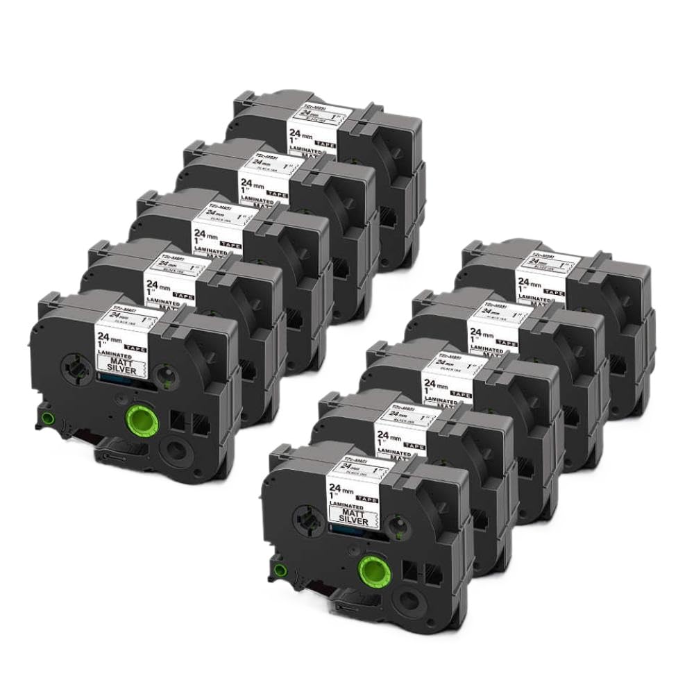 Confezione da 10 Nastri per Etichette Laminati da 24 mm Nero su Bianco, compatibili con Il Nastro per Stampante 251 per etichettatrice(Black On Matt Silver)