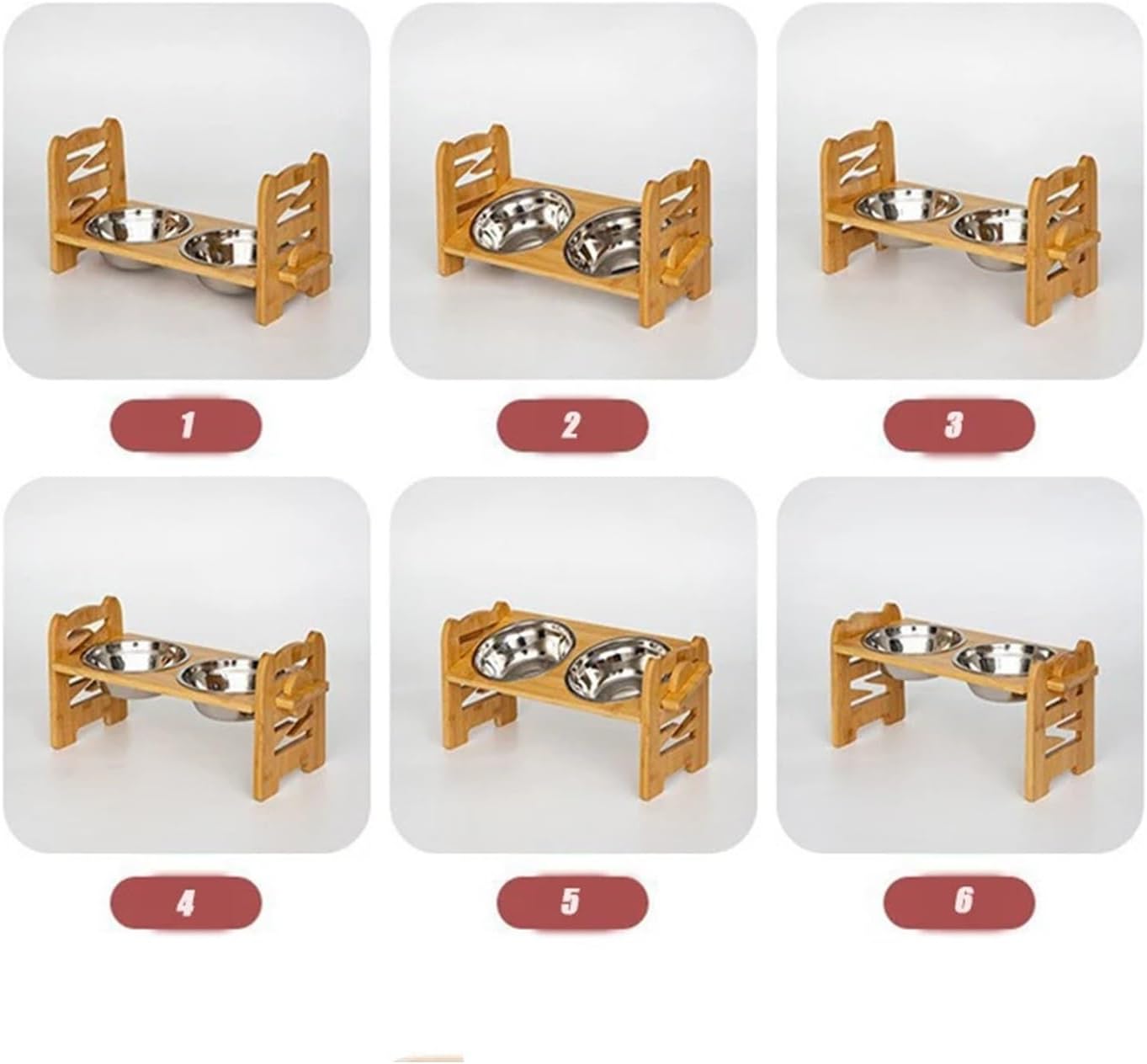 Elevated Cat Bowl Adjustable Bamboo Feeding Rack with 2 Stainless Steel Bowls