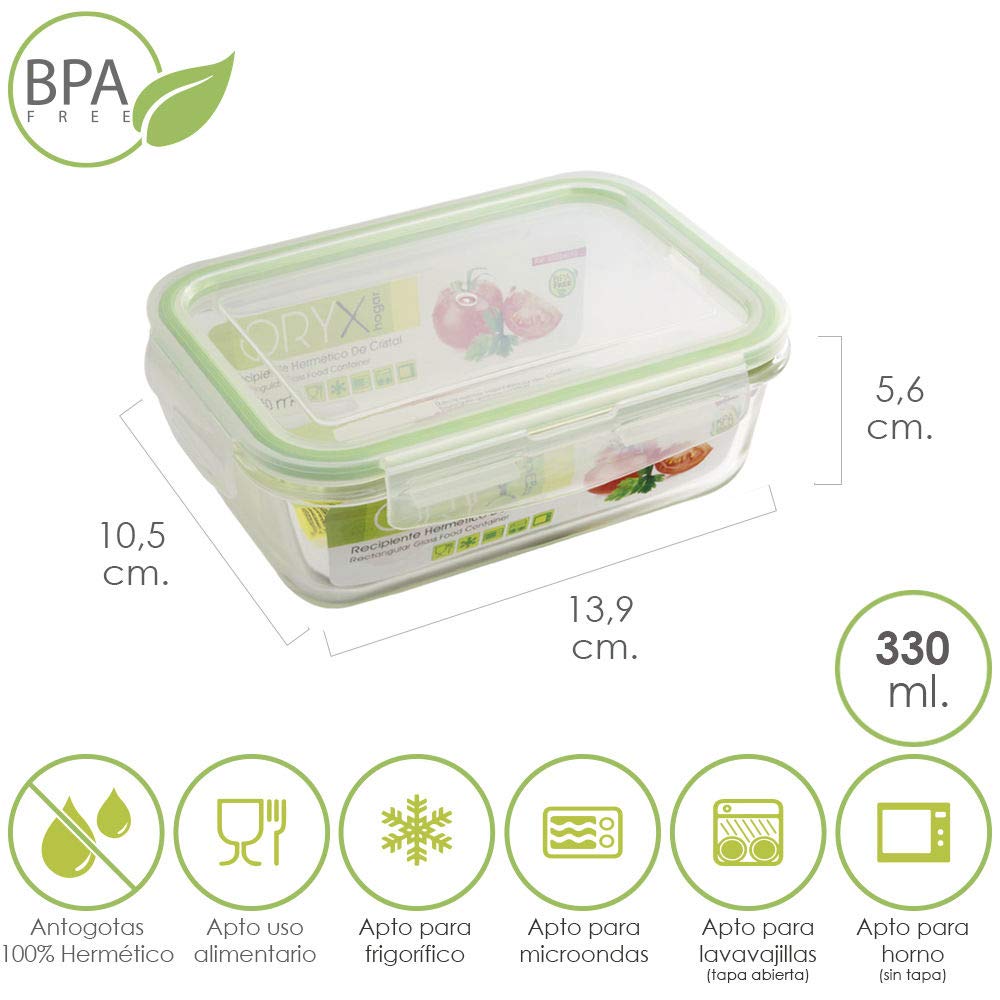 ORYX Rectangular Glass Hermetic Container 330 ml. 13.9 x 10.5 x 5.6 (high) cm 0, Multicoloured, (alt)
