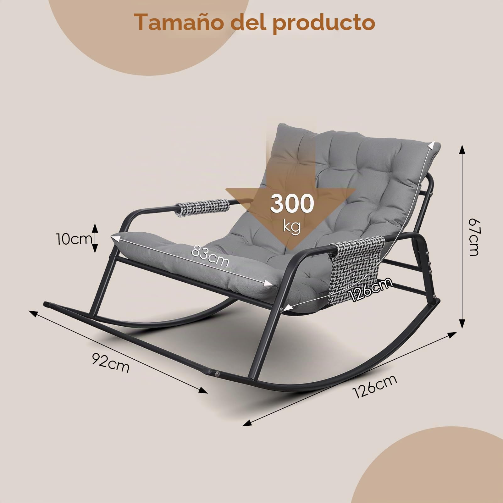 Silla Mecedora, Carga 150 kg, Sillon Mecedora Salon Extra Grande con Cojín Acolchado, Rocking Chair Marco de Metal, Sillón Relax para Adulto Salón, Dormitorio, Interior y Exterior (Gris)