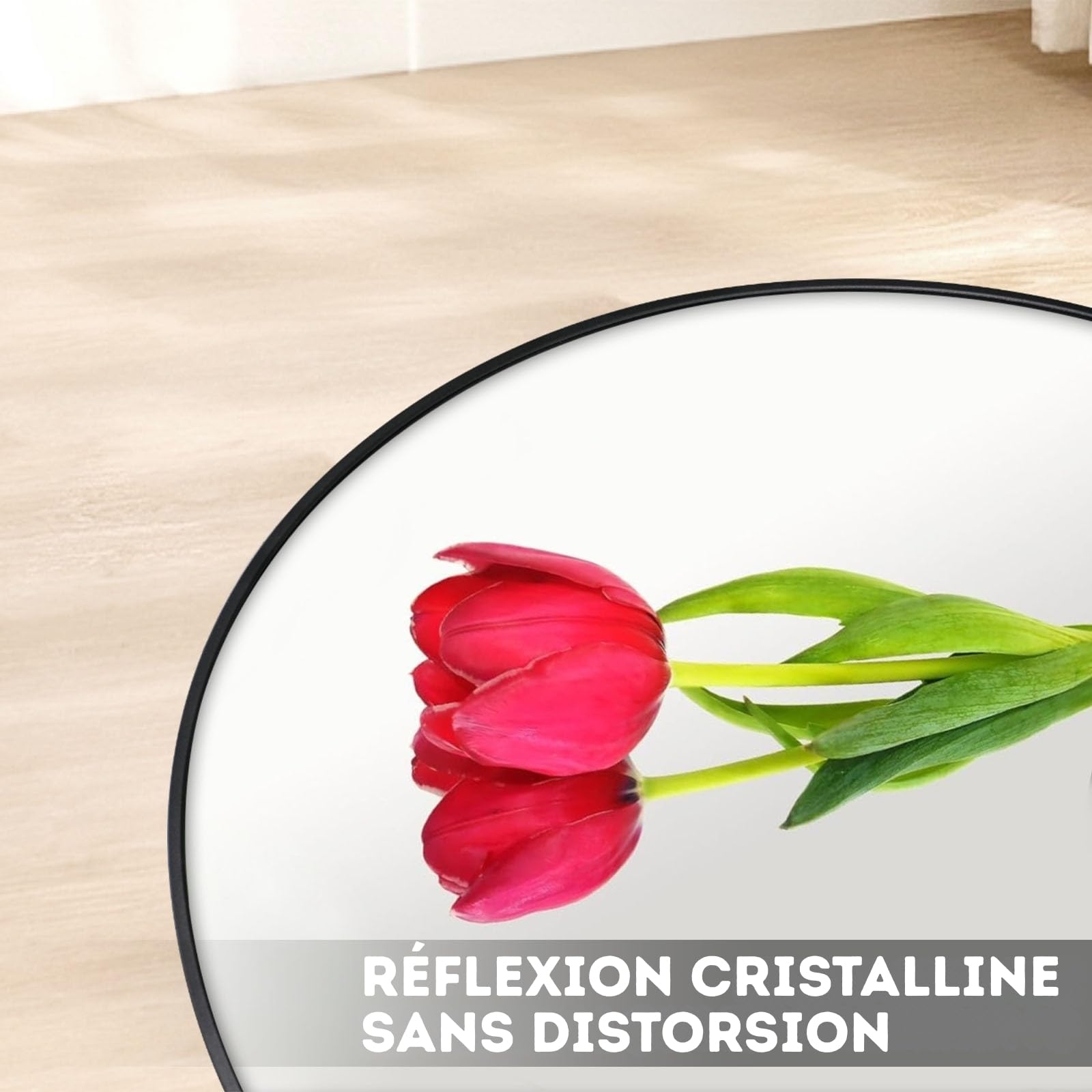 KARAT Miroir Mural Rond pour Salle de Bain et Chambre, avec Cadre en Alliage d'aluminium Noir Bella, Ø 60 cm, Verre trempé avec Film de sécurisé, Design élégant, Fixation Murale ou Poser sur Table