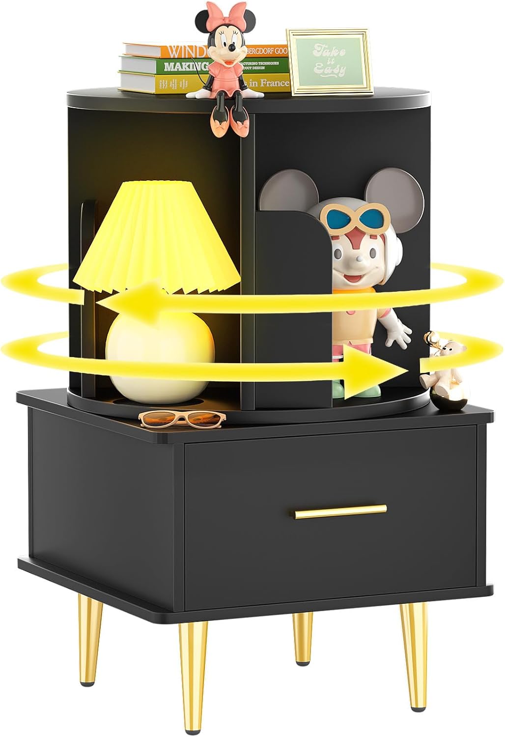 Cyclysio Rotating Bookshelf, 360 Display Book Shelf Tower with Drawer, 2 Tier Corner Bookcase with Stoarge Rack, Wood Narrow Book Shelf for Small Space, Bedroom, Living Room,Black