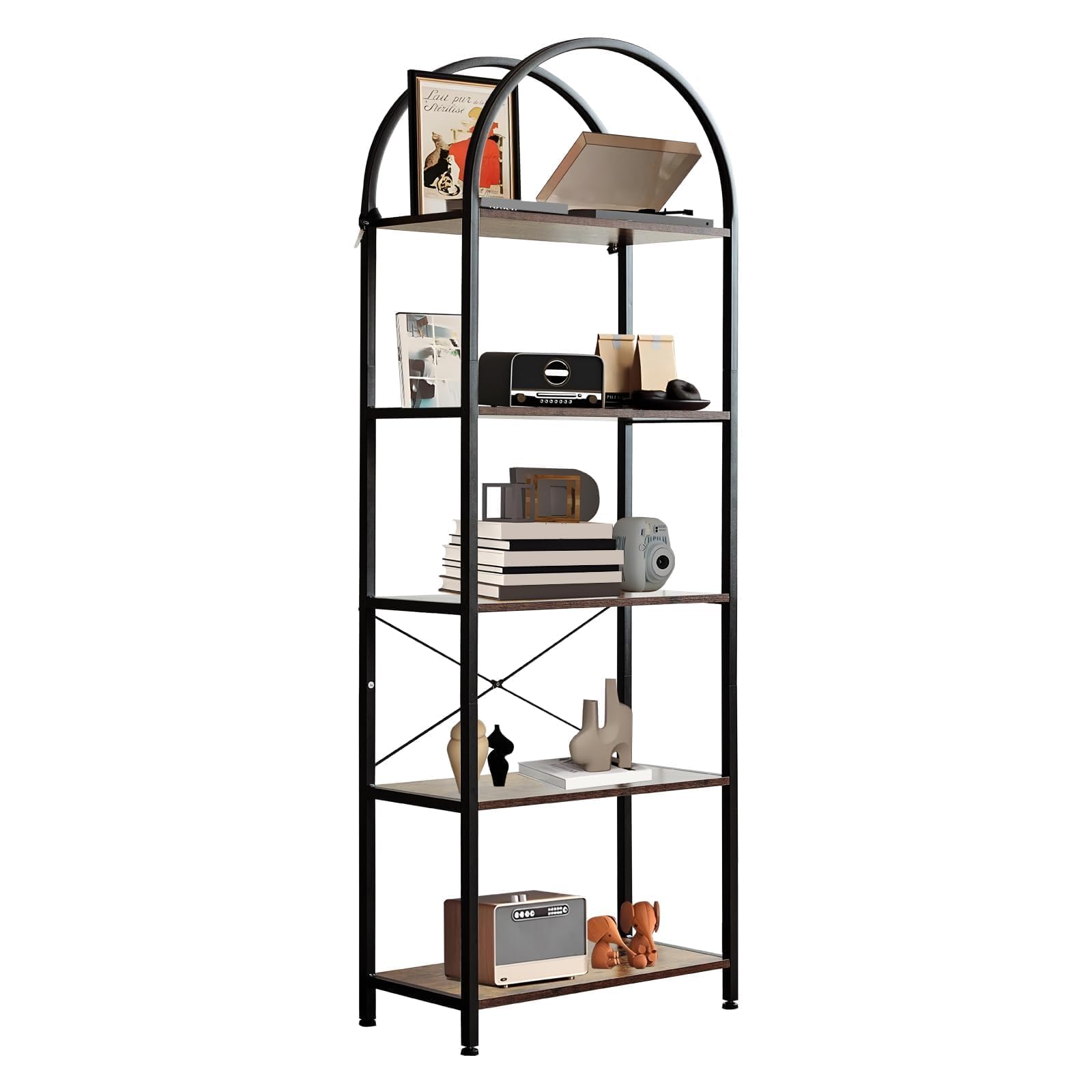 Libreria ad arco a 5 ripiani con metallo e – 60 x 28 x 180 cm scaffale per soggiorno, bagno e ufficio - marrone Display nd