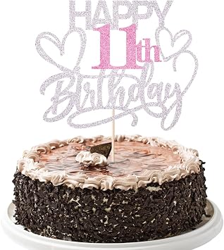 Silver pink Glitter Happy 11th Birthday Cake Topper