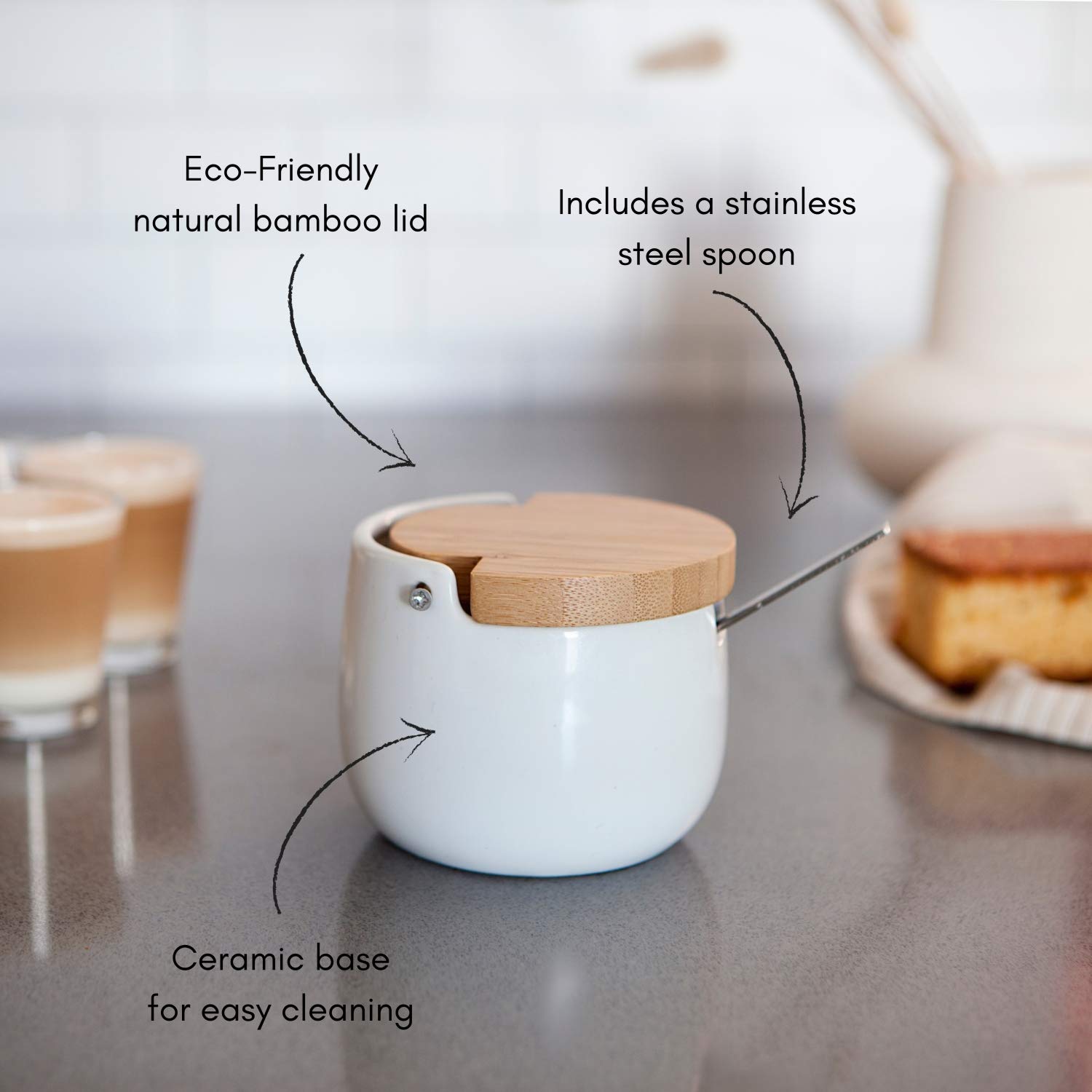 Zuccheriera In Ceramica Con Coperchio In Bambù - Elegante E Pratica Per Zucchero, Formaggio E Spezie - Foto 2