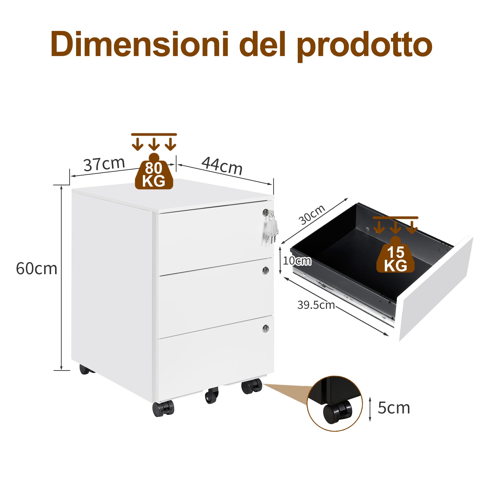 Cassettiera Scrivania Mobile, Cassettiera con 3 serrature, 4 Chiavi, 3 Cassetti, in Acciaio, Preassemblato, Bianco