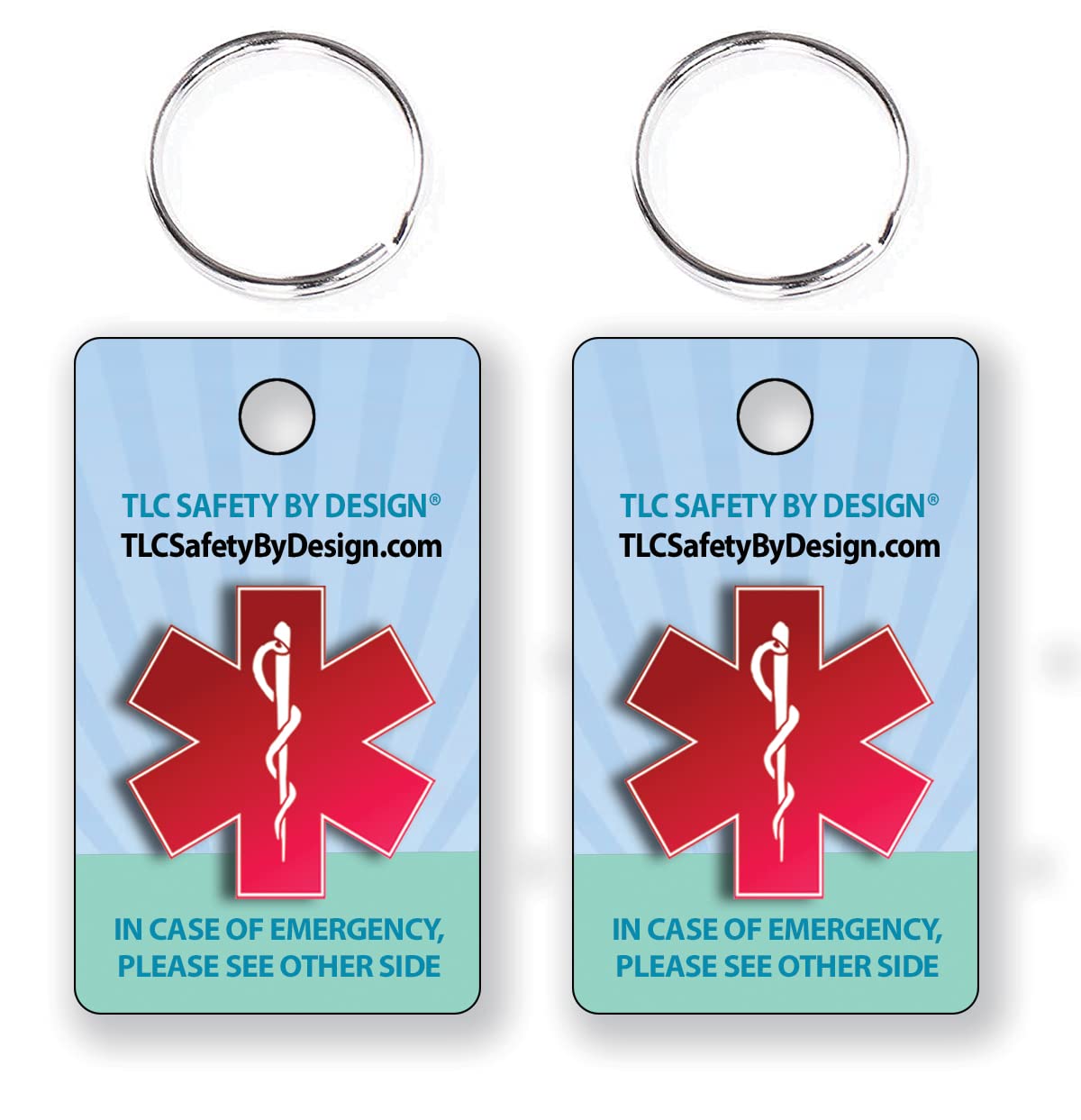 TLC Safety By Design Medical ICE Alert in Case Emergency Allergy Safety I.D. 2 Pk. Plastic Key Tags with Contact Call Card (Standard Set of 2, Medical ICE Key Tag Set)